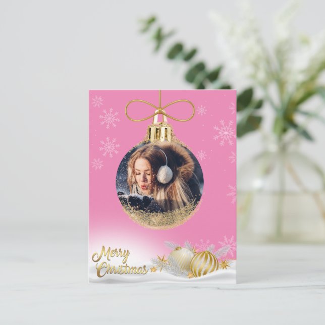 Julprydnadsfoto Snöflingor Rosa Modern Helg Vykort (Stående Fram)