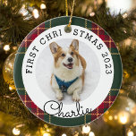 Julpset Pets första julfoto<br><div class="desc">Det första prydnadsämnet på julfoto som är designat i anpassningsbar och som innehåller anpassningsbarnas foto och namn på julens festliga bakgrund.</div>