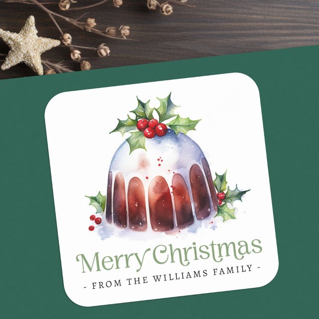 Julpudderhallon, vattenfärg fyrkantigt klistermärke (Christmas pudding holly berries watercolor square sticker)