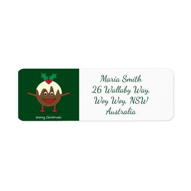 Julpudding tecknade figurer returadress etikett (Framsidan)