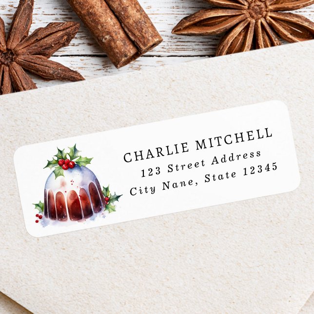 Julpudding vattenfärg returadress etikett (Red cardinal watercolor Christmas return address Label)