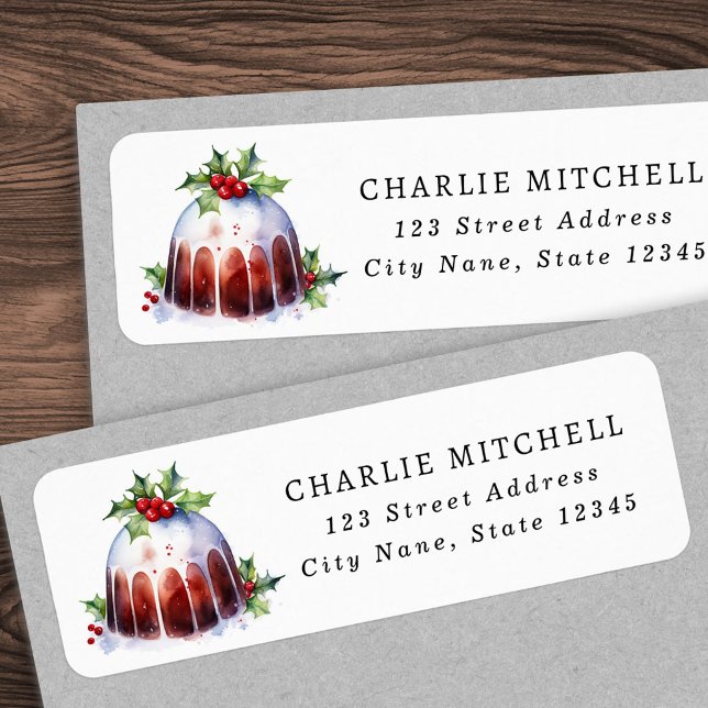 Julpudding, vattenfärgsreturadress returadress etikett (Red cardinal watercolor Christmas return address Label)