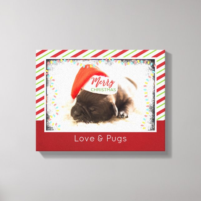 Julpug i Santa Hat med Ljus jul Canvastryck (Framsida)