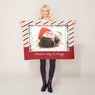 Julpug i Santa Hat med Ljus jul Fleecefilt