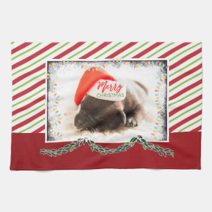 Julpug i Santa Hat med Ljus jul Kökshandduk