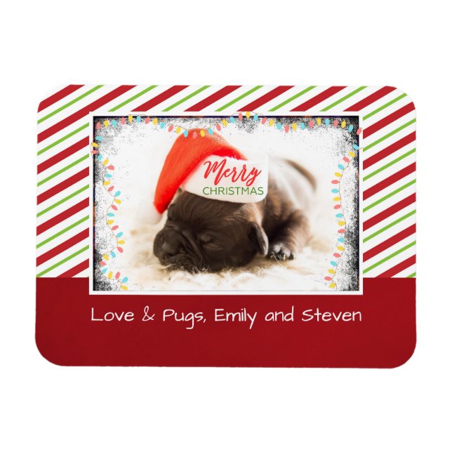 Julpug i Santa Hat med Ljus jul Magnet (Horisontell)