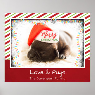 Julpug i Santa Hat med Ljus jul Poster