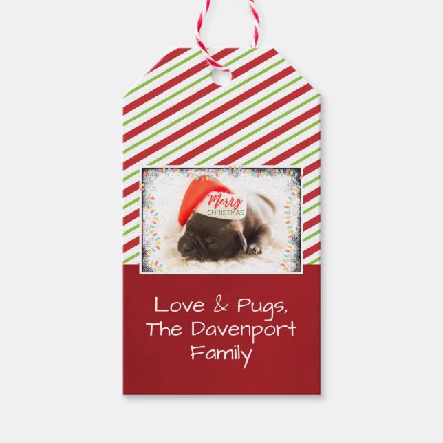 Julpug i Santa Hat med Ljus jul Presentetikett (Framsidan)