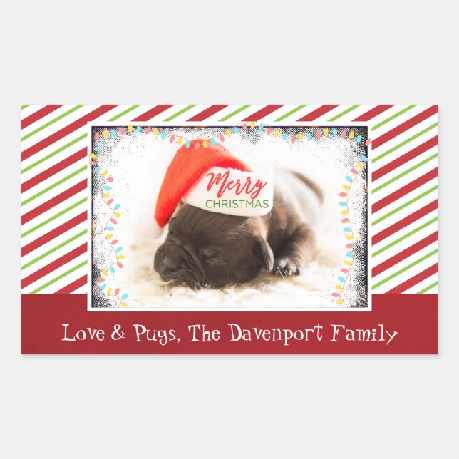 Julpug i Santa Hat med Ljus jul Rektangulärt Klistermärke (Framsida)