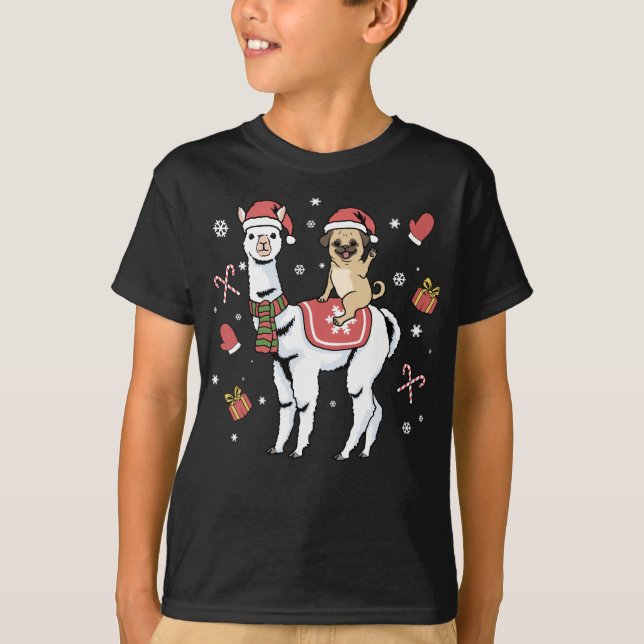 Julpug Llama Hund God jul Alpaca T Shirt (Framsida)