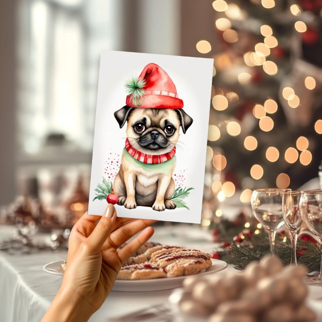 Julpug med rött plattat Helgdag Julkort (Skapare uppladdad)