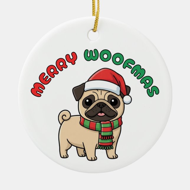 Julpug Ornament: Merry Woofmas Julgransprydnad Keramik (Framsidan)