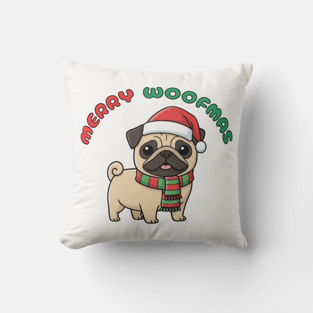 Julpug Pillow: Merry Woofmas Kudde (Framsida)