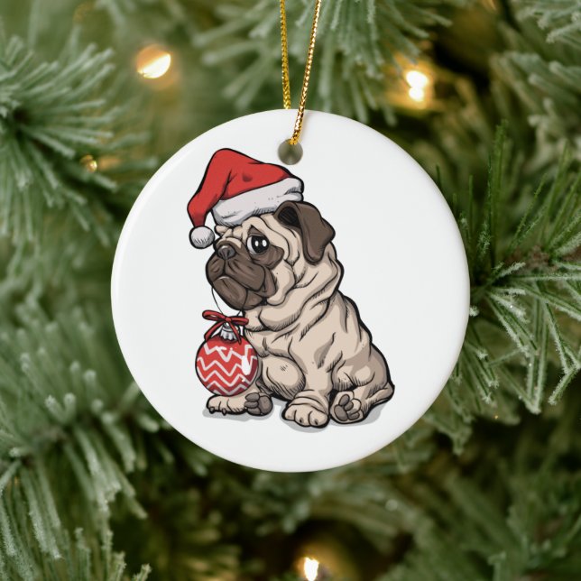 Julpug söt hatt-tecknad julgransprydnad keramik (Träd)
