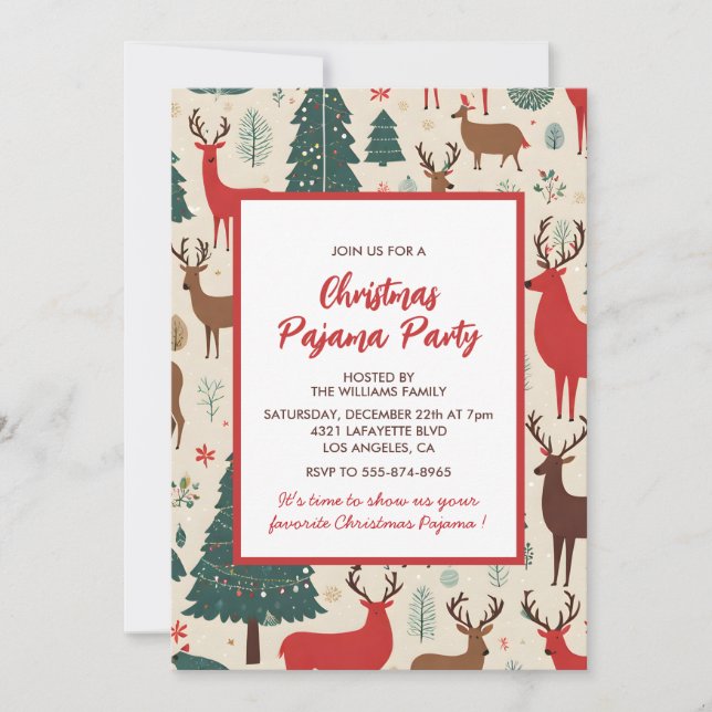 Julpyjamasparty Sömn Whimsical Deer Inbjudningar (Framsida)