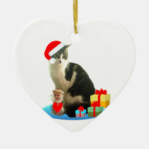 Julrandig katt och söt liten ängel julgransprydnad keramik