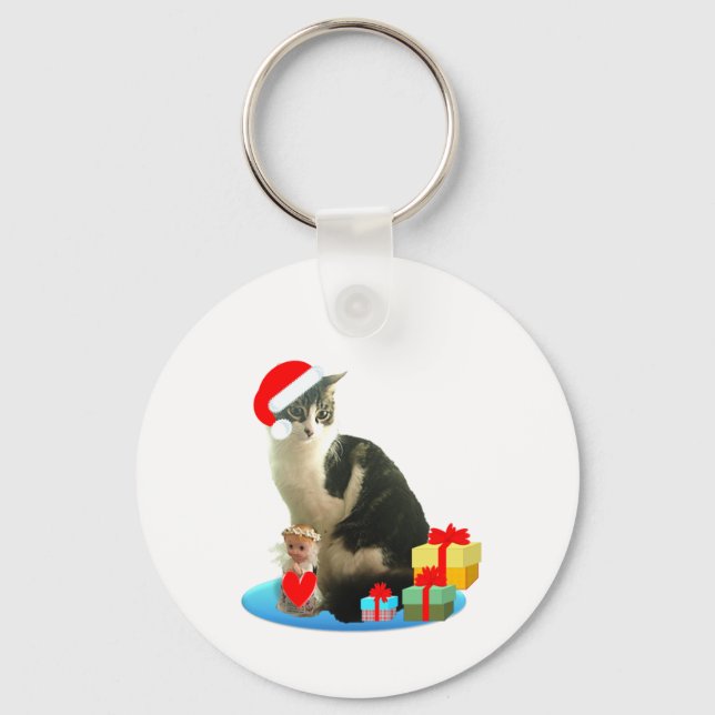 Julrandig katt och söt liten ängel nyckelring (Framsida)