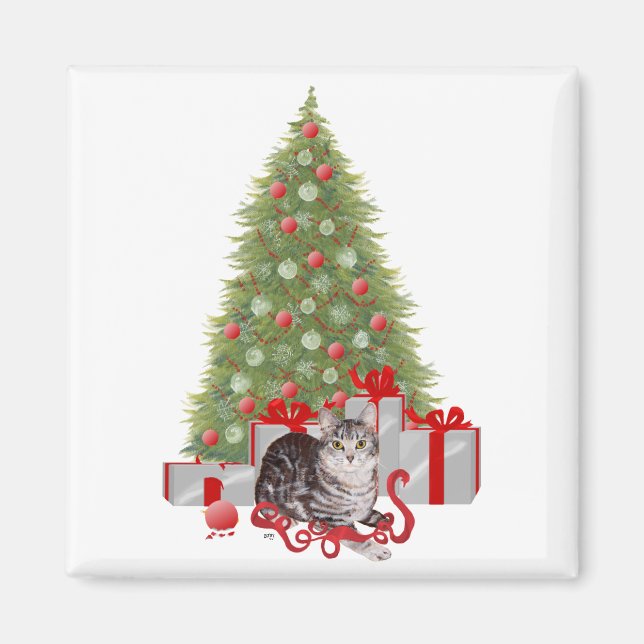 Julrandig tabby vid trädet magnet (Framsidan)