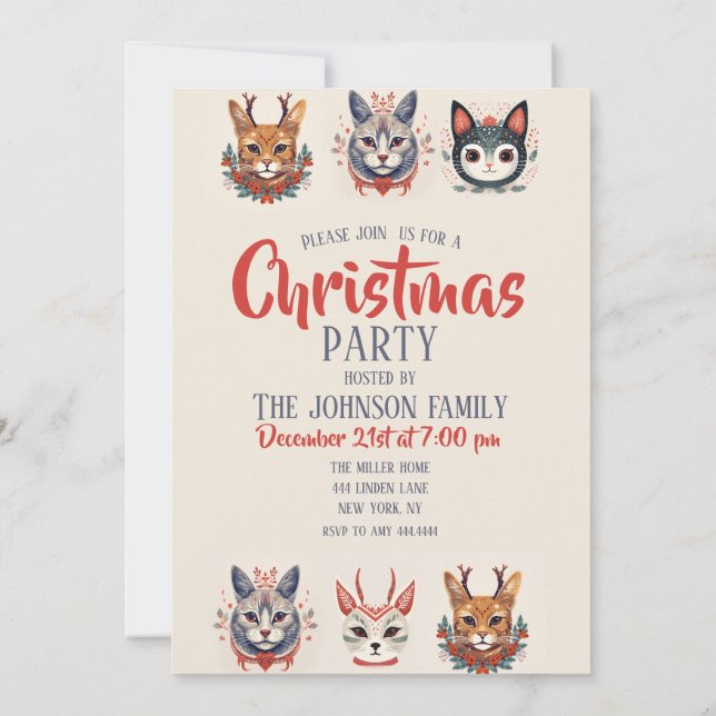 Julren Cat Illustration Mönster Inbjudningar (Baksida)