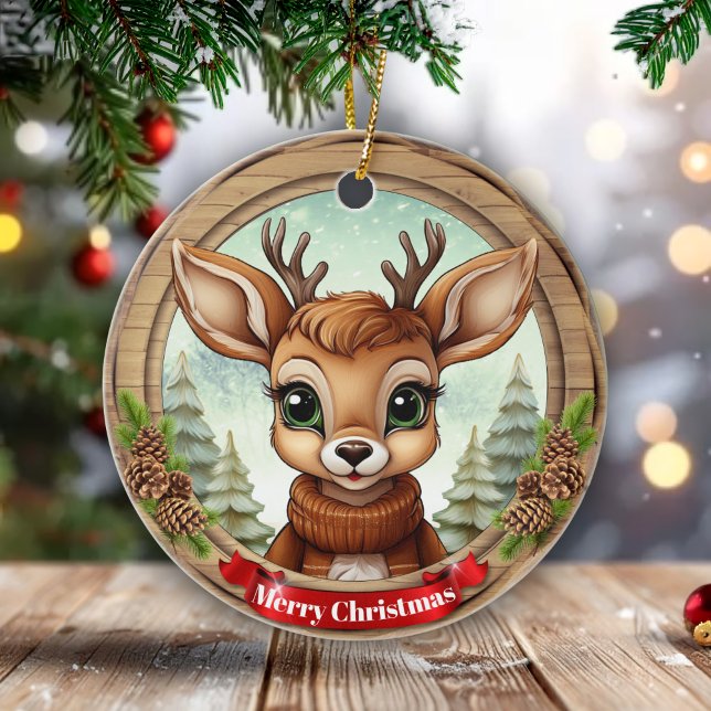 Julren Festiv Rustik Jul 🦌🎄 Julgransprydnad Keramik (Customizable Festive Rustic Pinecone Wooden Frame Holiday Reindeer Christmas Ceramic Ornament 🦌🎄)