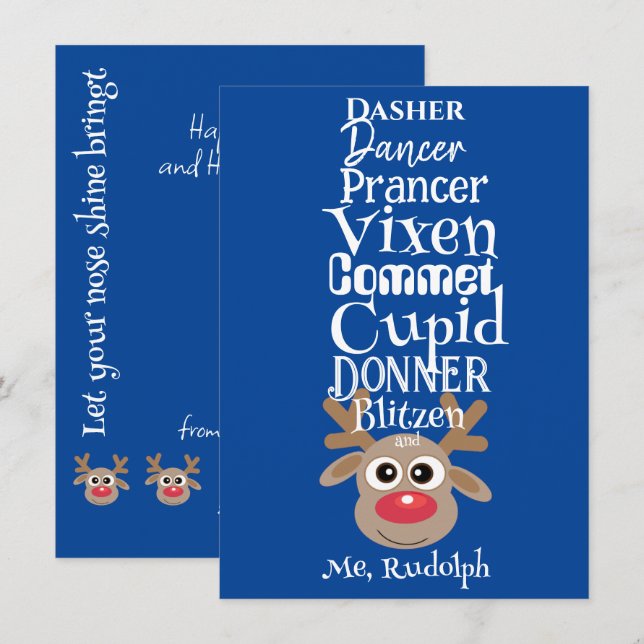 Julren Rudolph Roligt Cute Blue Julkort (Fram/baksida)