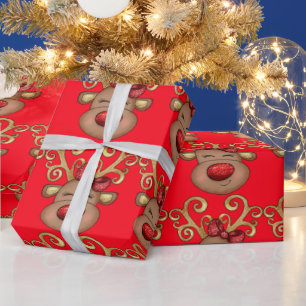 Julrenar ansikte helgdag mönster röd guld presentpapper
