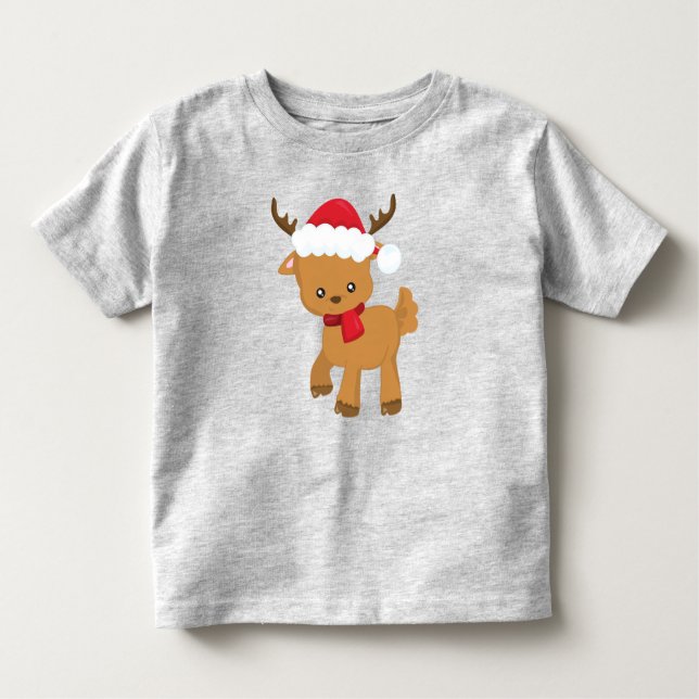 Julrenar, Cute Reindeer, Santa Hat T Shirt (Framsida)