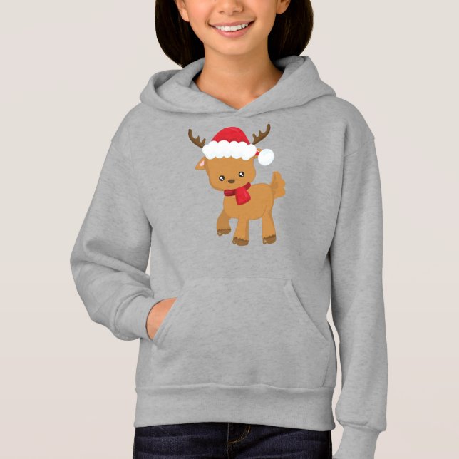 Julrenar, Cute Reindeer, Santa Hat T Shirt (Framsida)