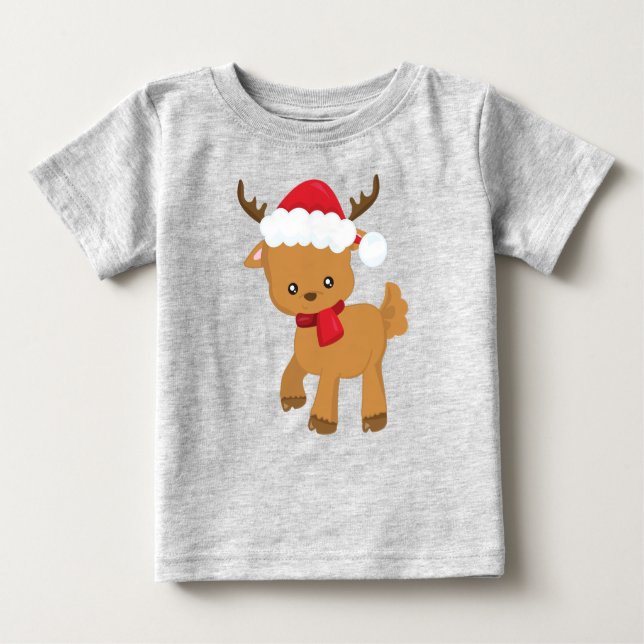 Julrenar, Cute Reindeer, Santa Hat T Shirt (Framsida)