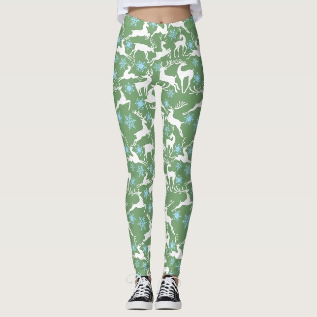 Julrenar mönster, vit 02 L Grön BG Leggings (Framsida)