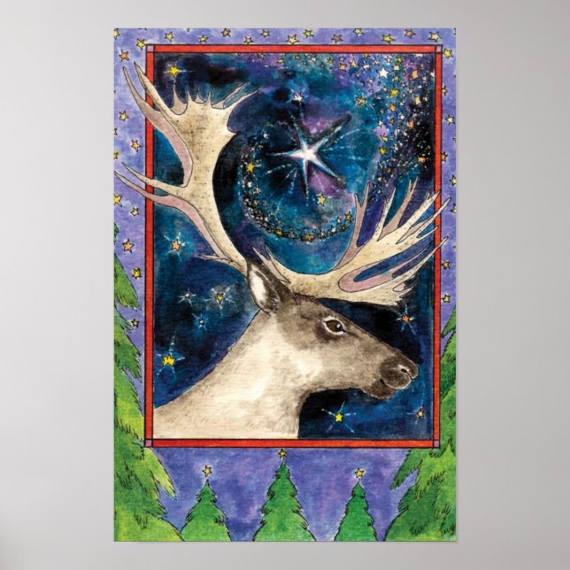 Julrenar på natten med en lysande stjärna poster (Framsidan)