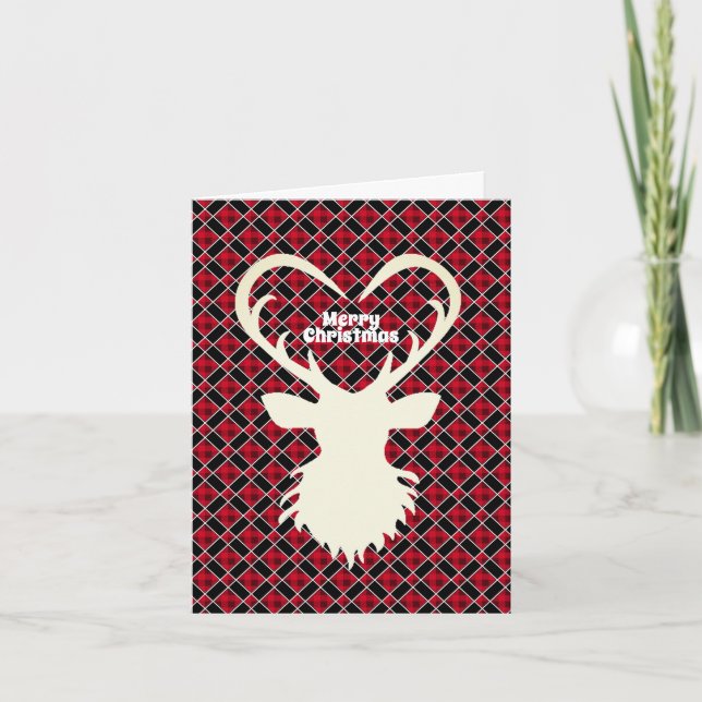 Julrenar på svart och röd rutig helgkort (Framsida)