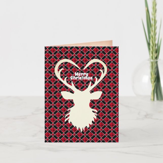 Julrenar på svart och röd rutig helgkort (Framsida)