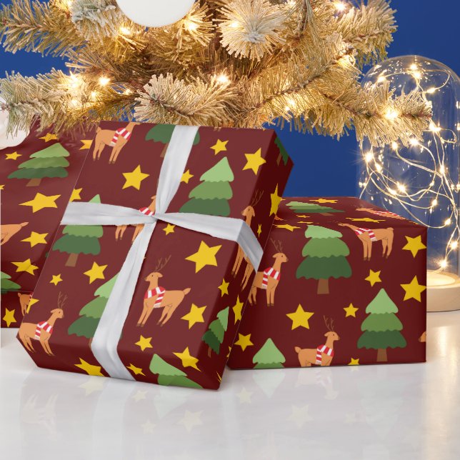 Julrenar, Träd & Stjärnor Burgunder Sömlös Presentpapper (Helgdagar)