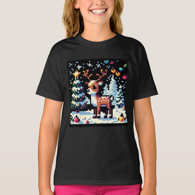 Julrenar Vinter Wonderland Pixel Art T Shirt (Framsida)