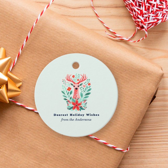 Julrenens Rosa Blommigt Botaniska Helgdag Gåvor Etiketter (Skapare uppladdad)