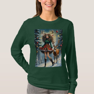 Julrenflicka med horn snöig natt t shirt