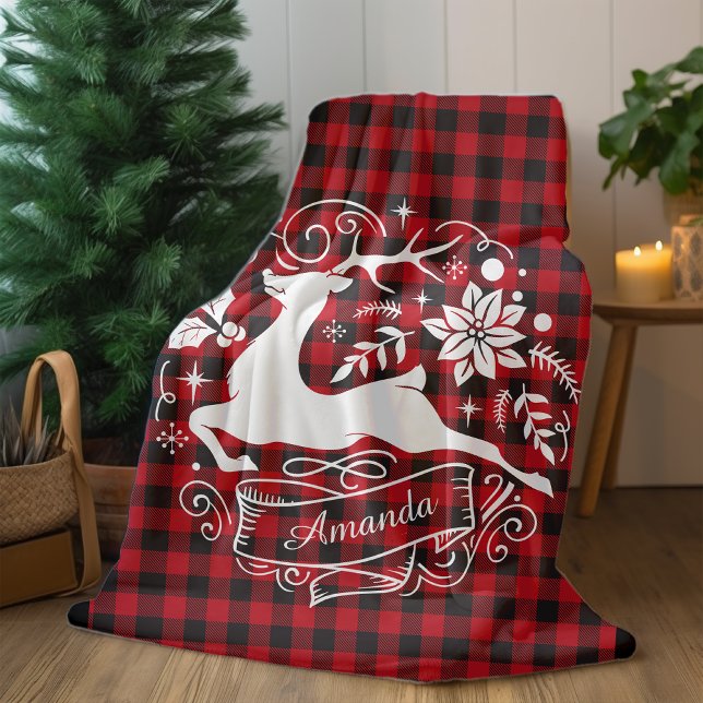 Julrenröd baffalo plaid monogram fleecefilt (Skapare uppladdad)