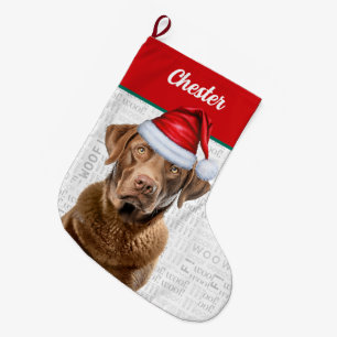 Julrestaurering Hund med Namn Woof Background Stor Julstrumpa