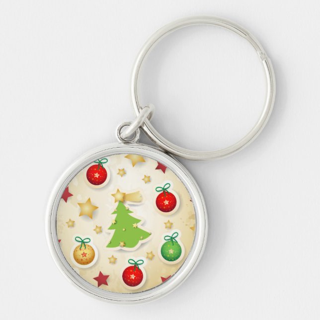 Julretro mönster, nyckelkedja rund silverfärgad nyckelring (Framsidan)