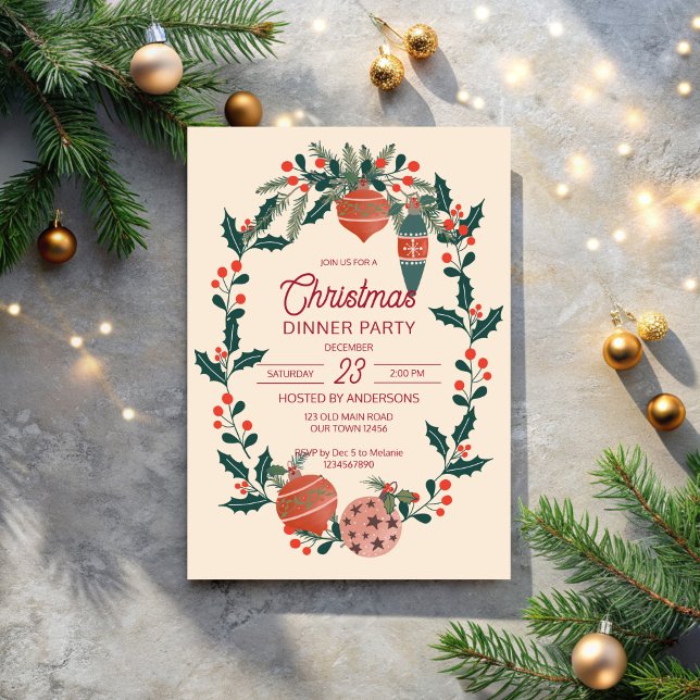 Julretro rand, mormilenig middag party inbjudningar (Christmas retro stripes grand millennial dinner party invitation cards template)