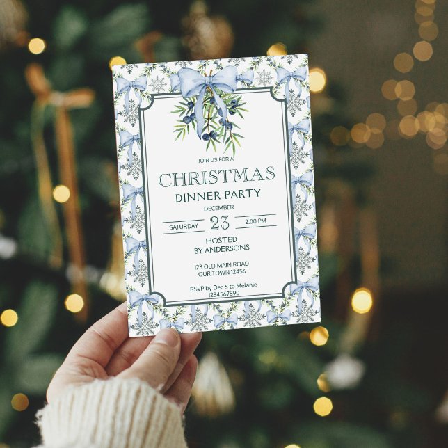 Julretro rand, mormilenig middag party inbjudningar (Christmas retro pines blue bow grand millennial dinner party invitation cards template)