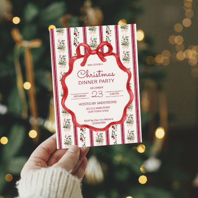 Julretro rand, mormilenig middag party inbjudningar (Christmas party retro stripes grandmilenial bow wavy border dinner party invitation cardds template)