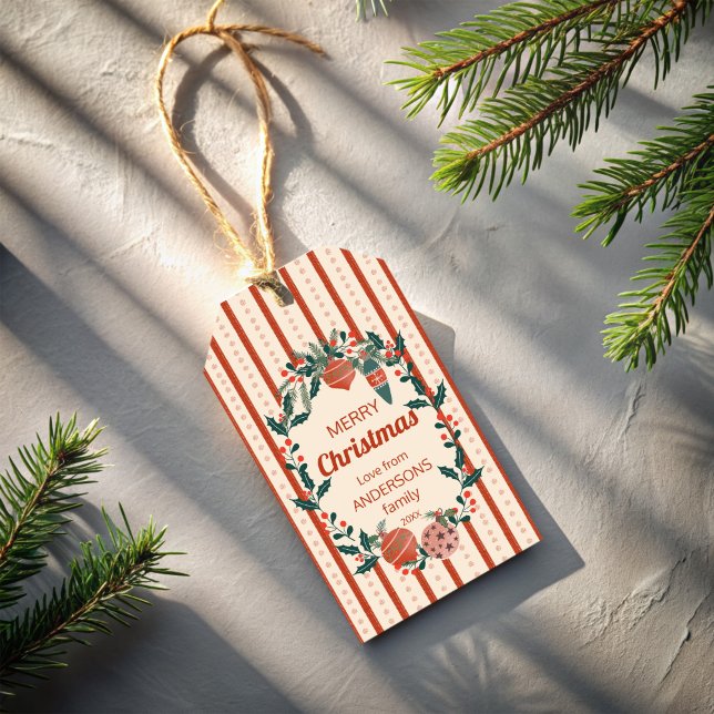Julretro rand, stora årtusenåriga anpassningsbar presentetikett (Christmas retro stripes grand millennial personalized custom gift tags)