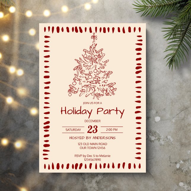 Julretro sketch det stora årtusendet party inbjudningar (Christmas retro hand drawn  sketch grand millennial holiday party invitation cards template)