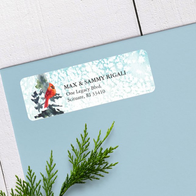 Julreturadress, etikett Wintery Scene Returadress Etikett (Return address labels watercolor winter pine tree and snow red cardinal mountains)