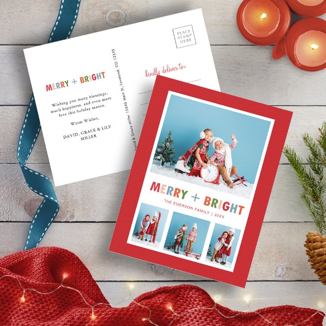 Julröd Glad och Ljus Foto Collage Helg Vykort (Christmas Red Merry and Bright Photo Collage Holiday Postcard
)