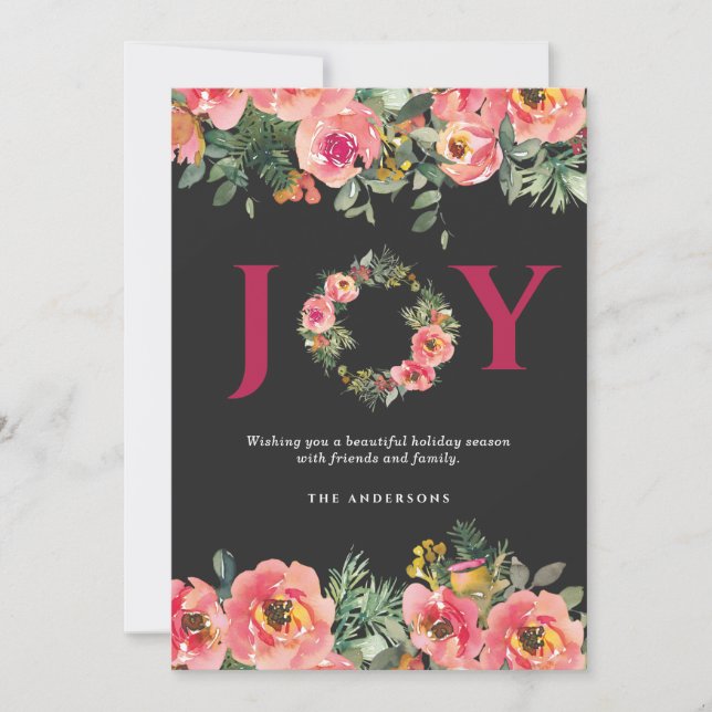 Julröd Glädje Floral Krans Botanisk  Julkort (Framsida)