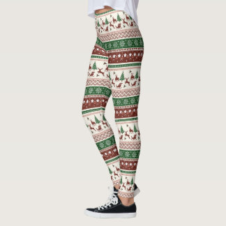 Julröd Grön Champagne Snöflingor Renar Leggings
