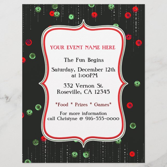 Julröd & gröna paljetter Holiday Party Flyer (Framsidan)